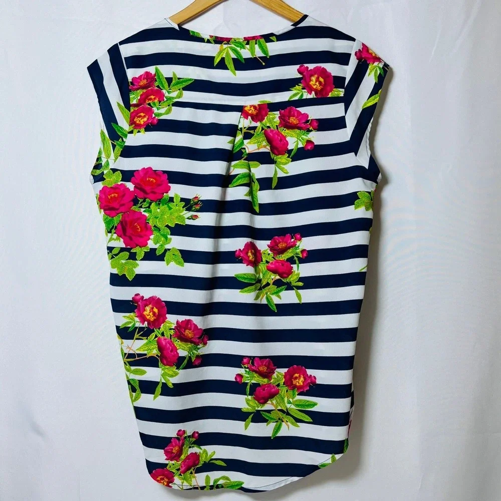 Charlie Floral Striped Blouse Womens L Navy White Pink Sleeveless Top - Picture 3 of 3